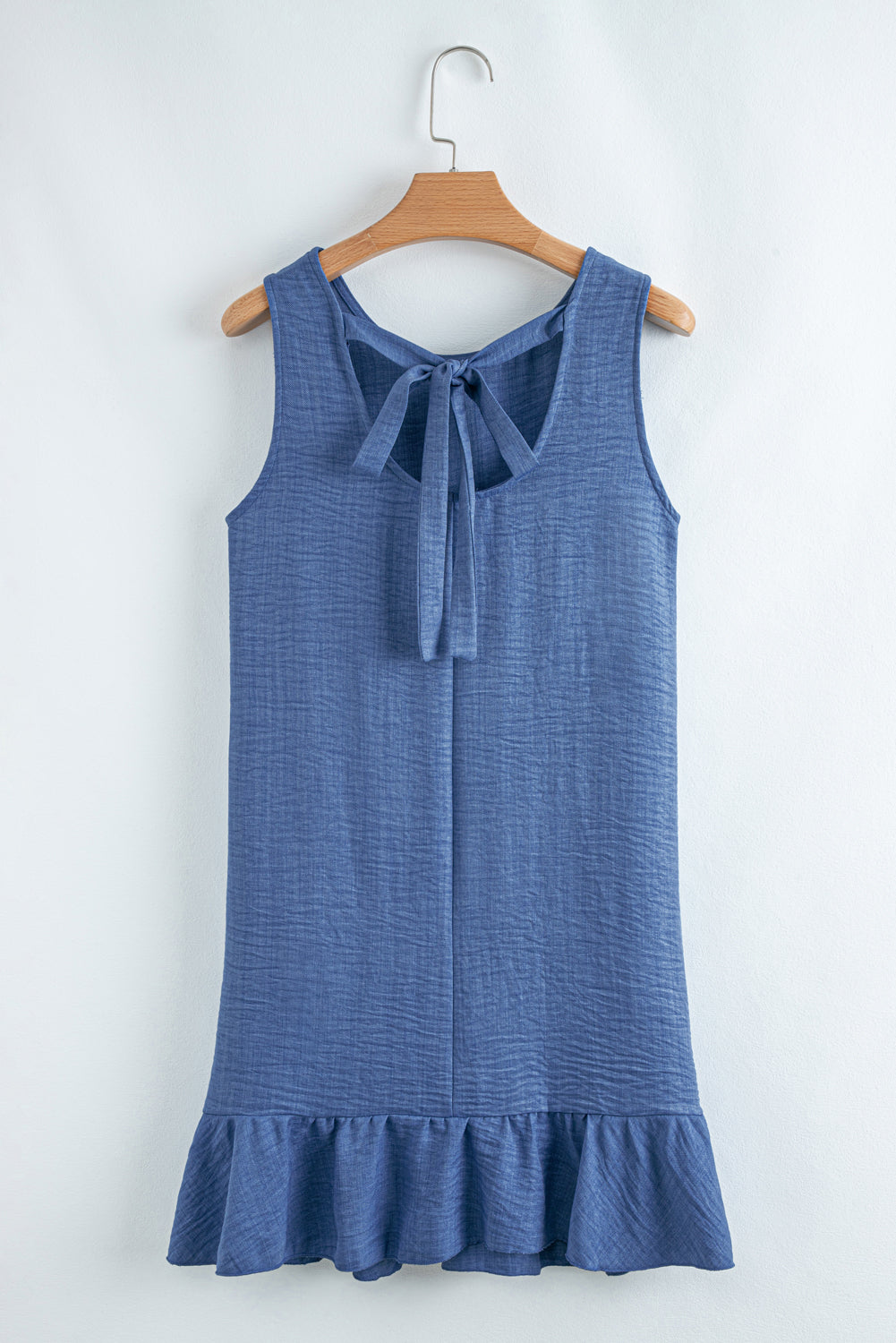 Smoke Gray Knot Scoop Back Ruffle Hem Sleeveless Mini Dress