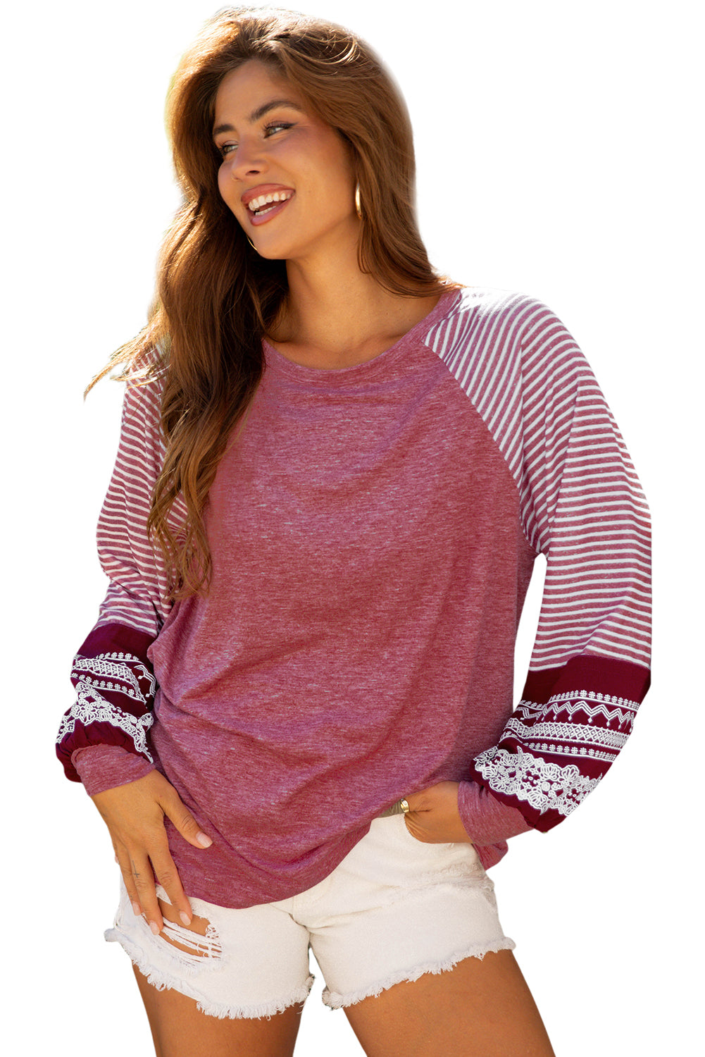 Black Contrast Print Striped Raglan Long Sleeve Loose Top