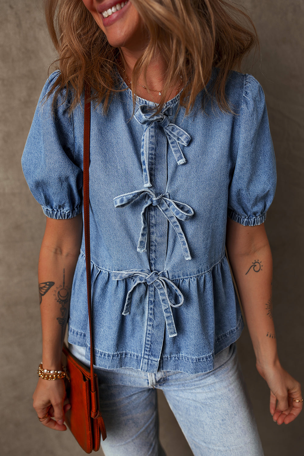 Sail Blue Tied Front Bubble Sleeve Peplum Denim Shirt