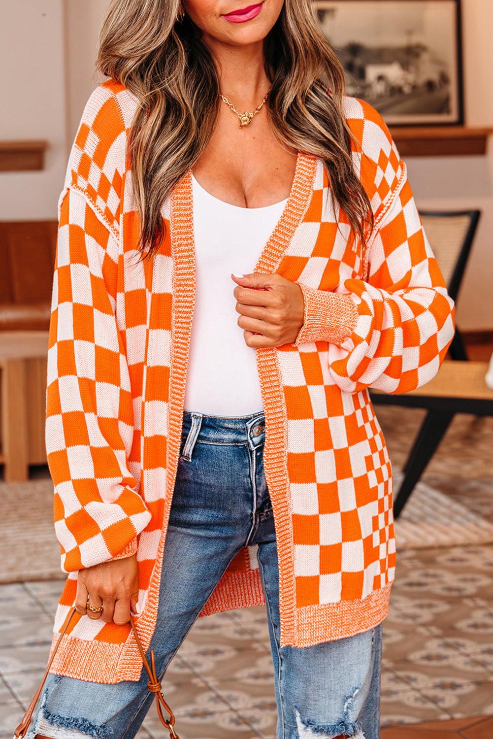 Brown Checkered Open Front Drop Shoulder Cardigan