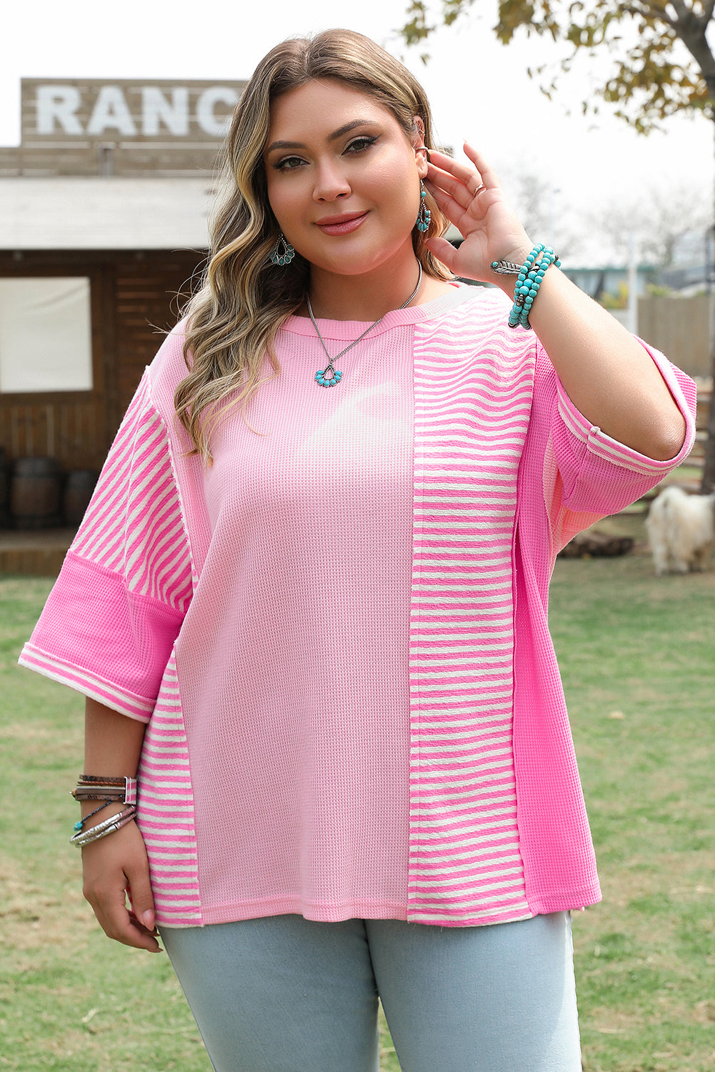 Green Stripe Patchwork Colorblock Plus Size T Shirt