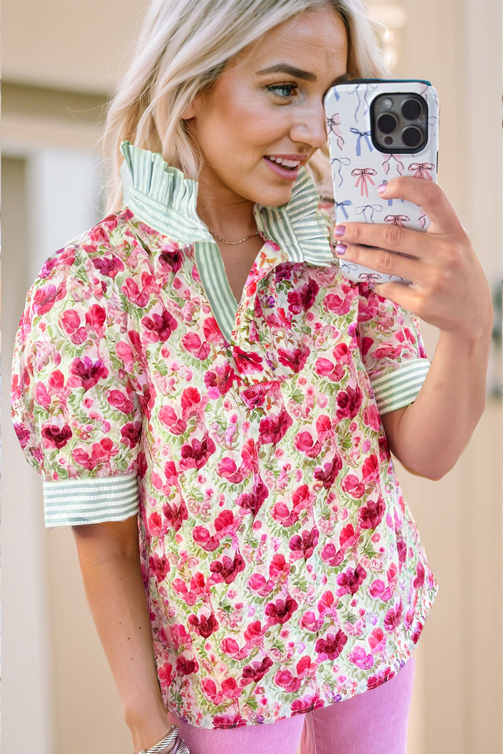 Sky Blue Floral Print Striped Patchwork Collared Short Sleeve Blouse