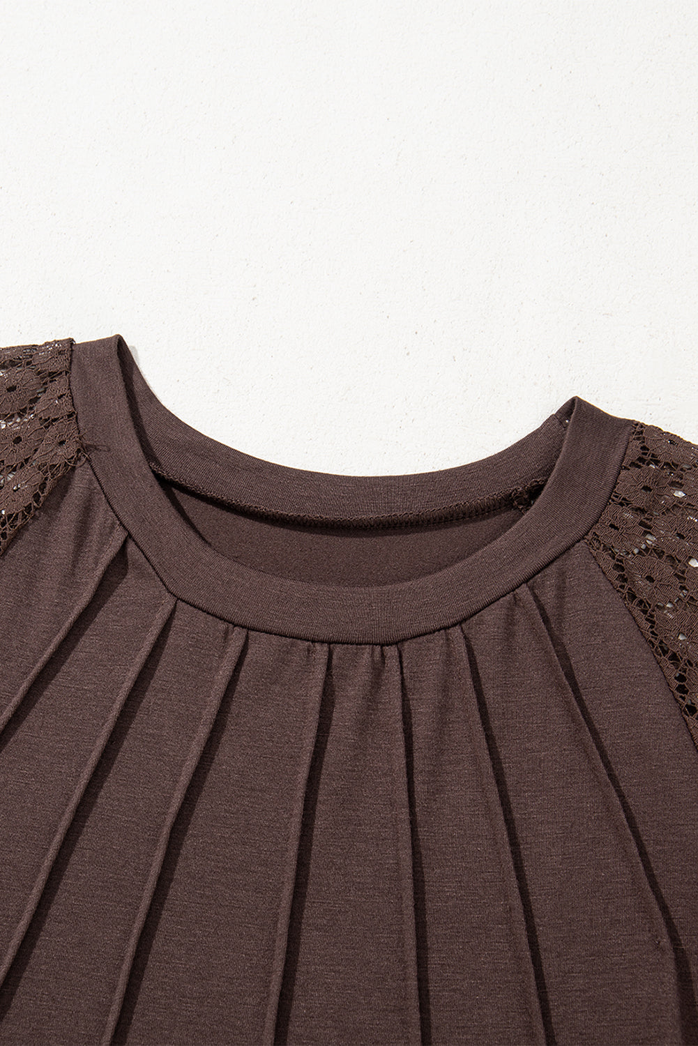 Dark Brown Contrast Lace Raglan Sleeve Pleated Detail Shift Dress