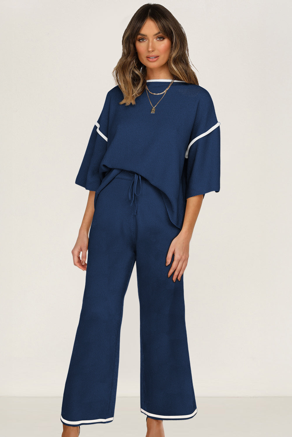Canton Contrast Trim Half Sleeve Top Drawstring Pants Loose 2pcs Sweater Suit