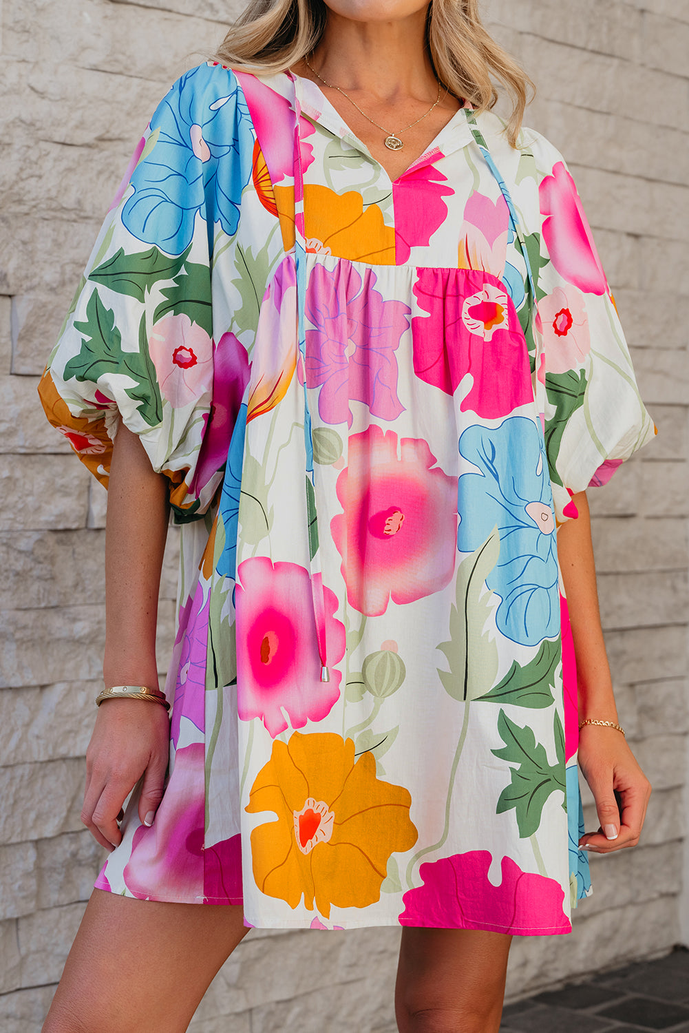 Dark Blue Floral Print Split Neck Babydoll Dress