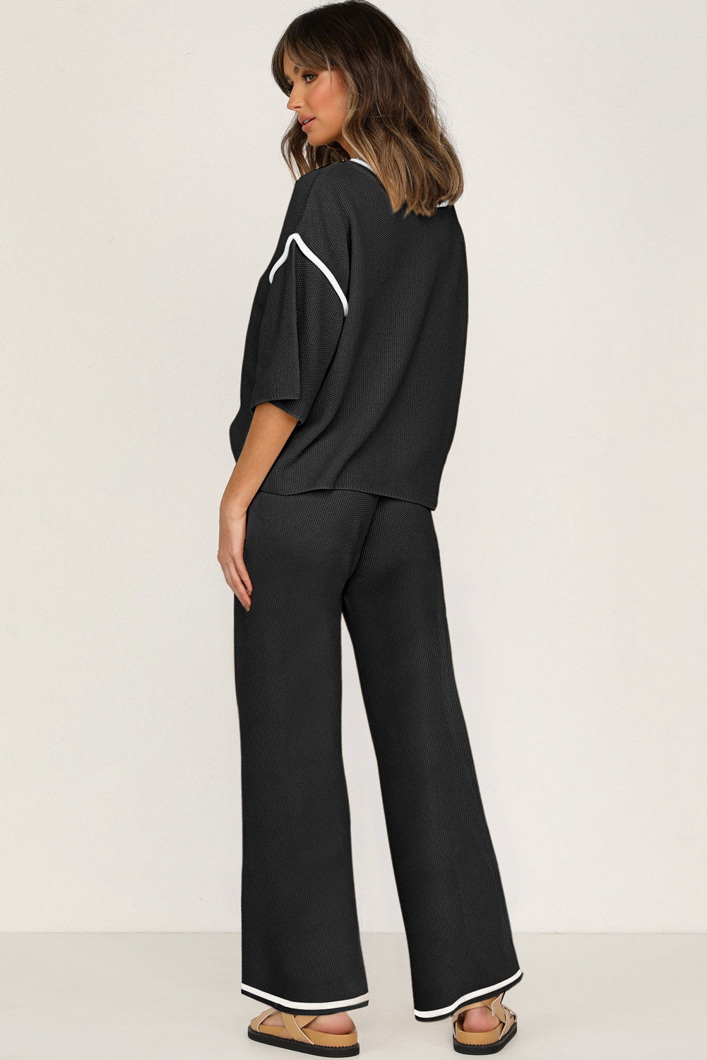 Canton Contrast Trim Half Sleeve Top Drawstring Pants Loose 2pcs Sweater Suit