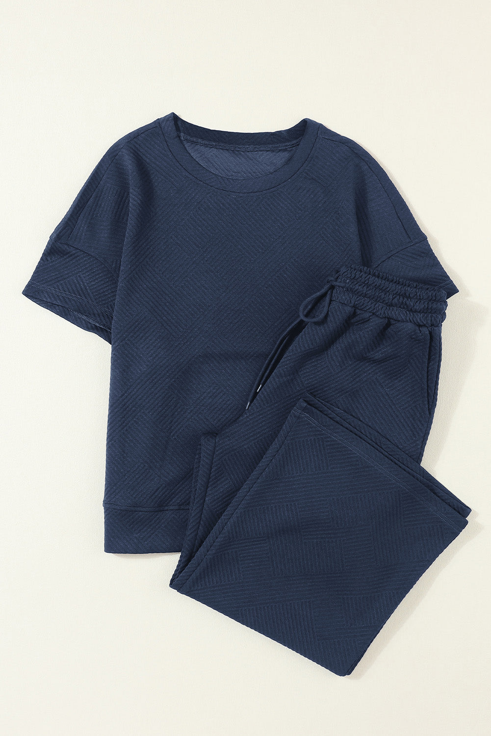 Gray Textured Loose Fit T Shirt and Drawstring Pants Set
