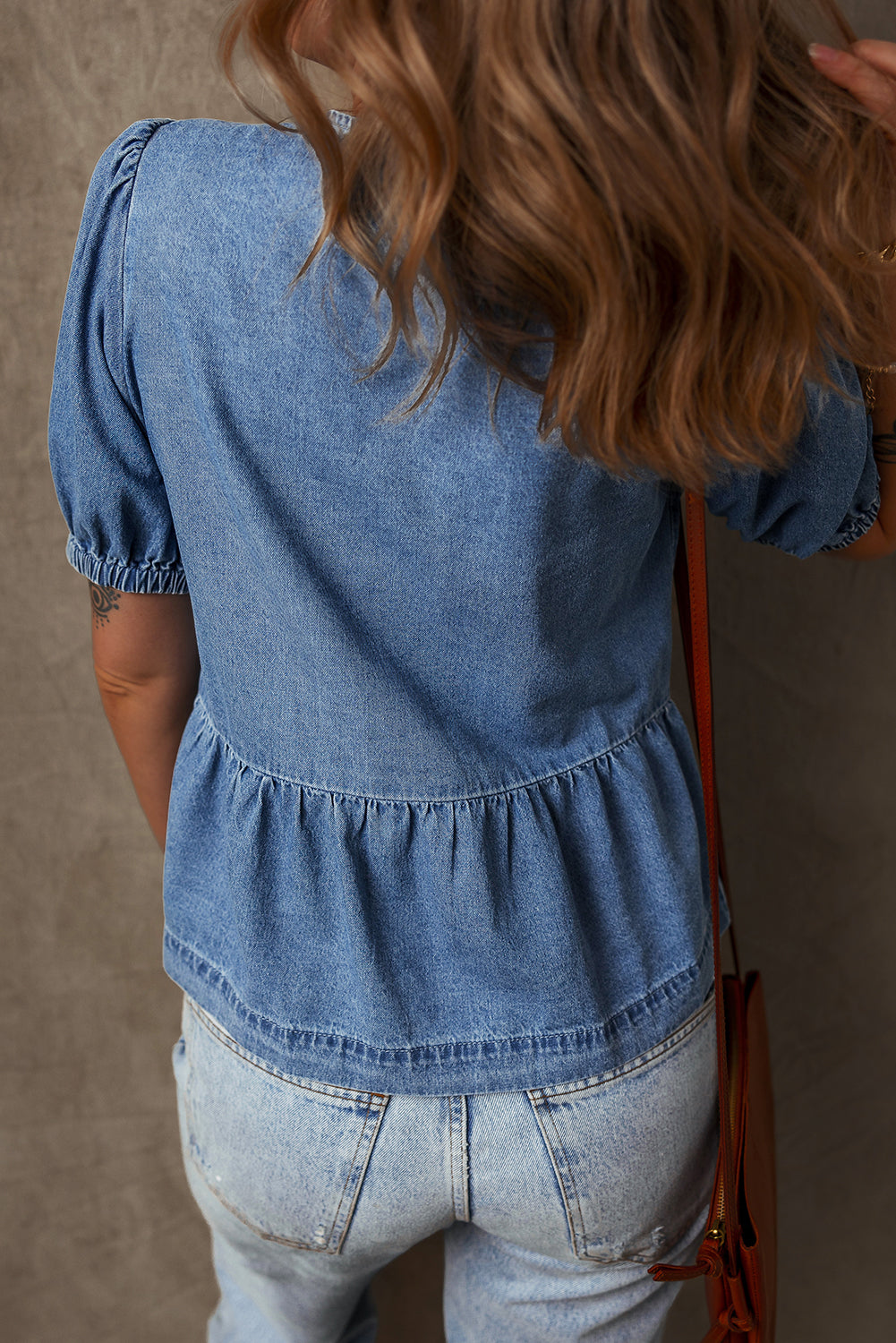 Sail Blue Tied Front Bubble Sleeve Peplum Denim Shirt