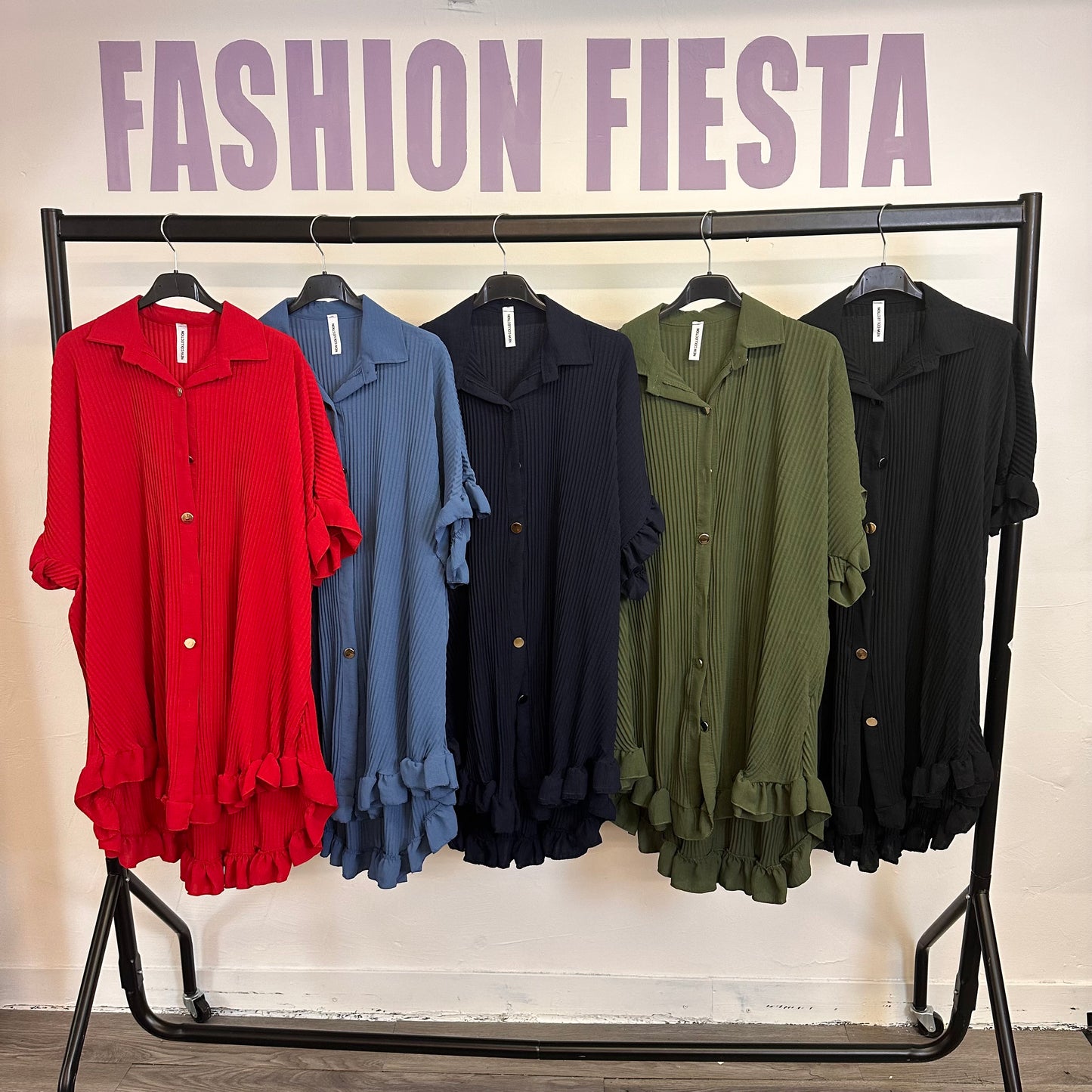 1025 - PLEATED FRILL EDGE GOLD BUTTON BLOUSE / DRESS (13 COLOURS)