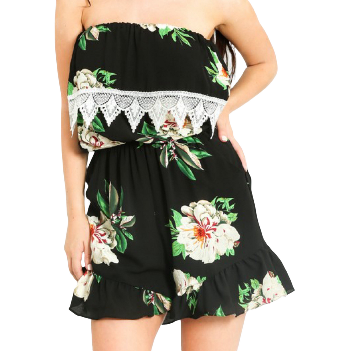 1751 - Bandeau Floral Playsuit With Crochet Edge