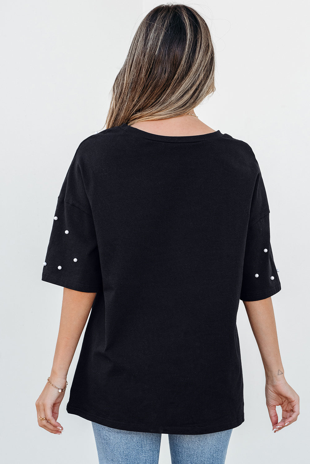 Bright Pink Pearl Beaded Drop Shoulder Crewneck T Shirt