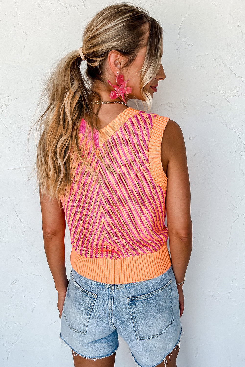 Sky Blue Contrast Chevron Knit V Neck Sweater Vest