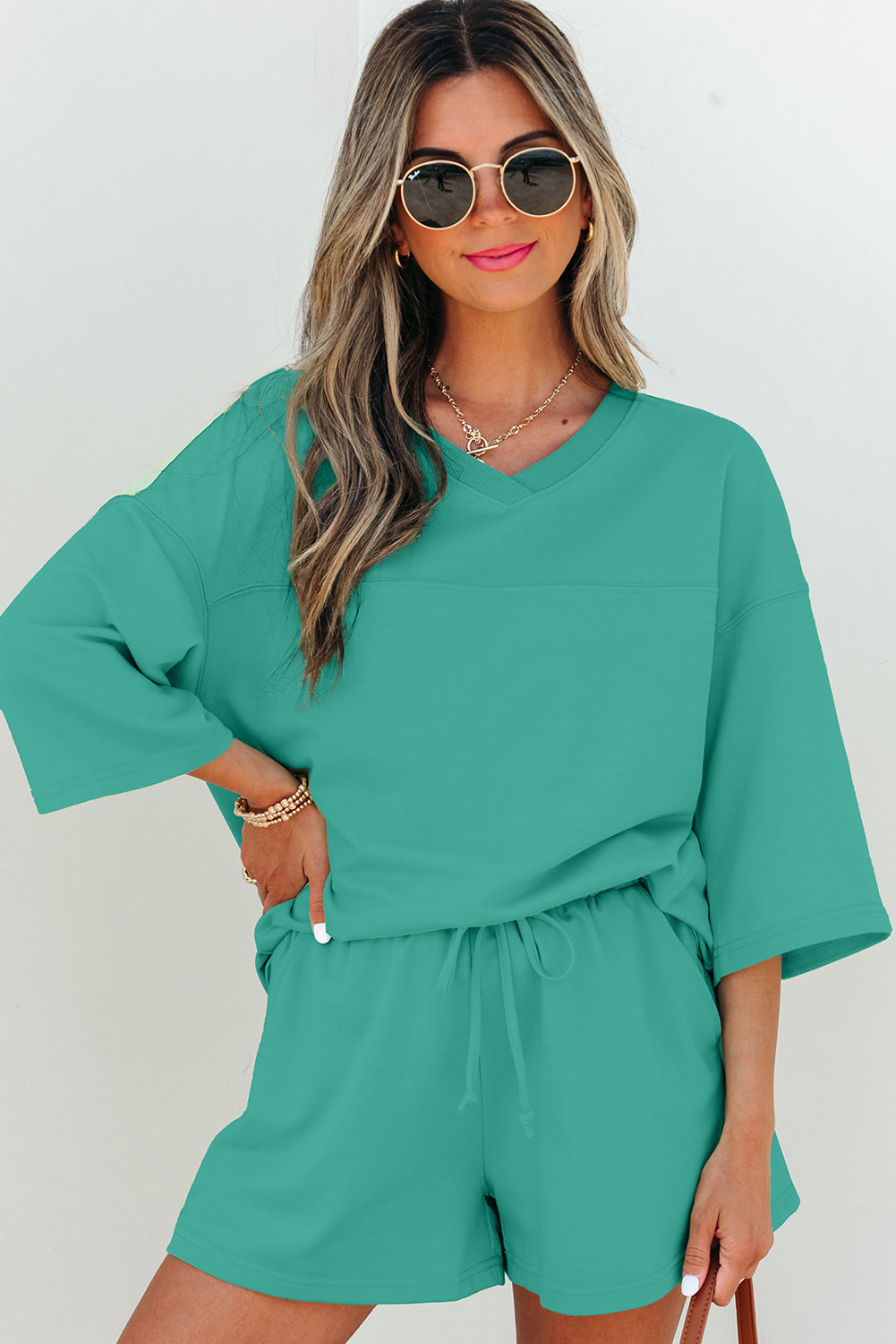 Bonbon Solid Loose V Neck Half Sleeve Tee and Shorts