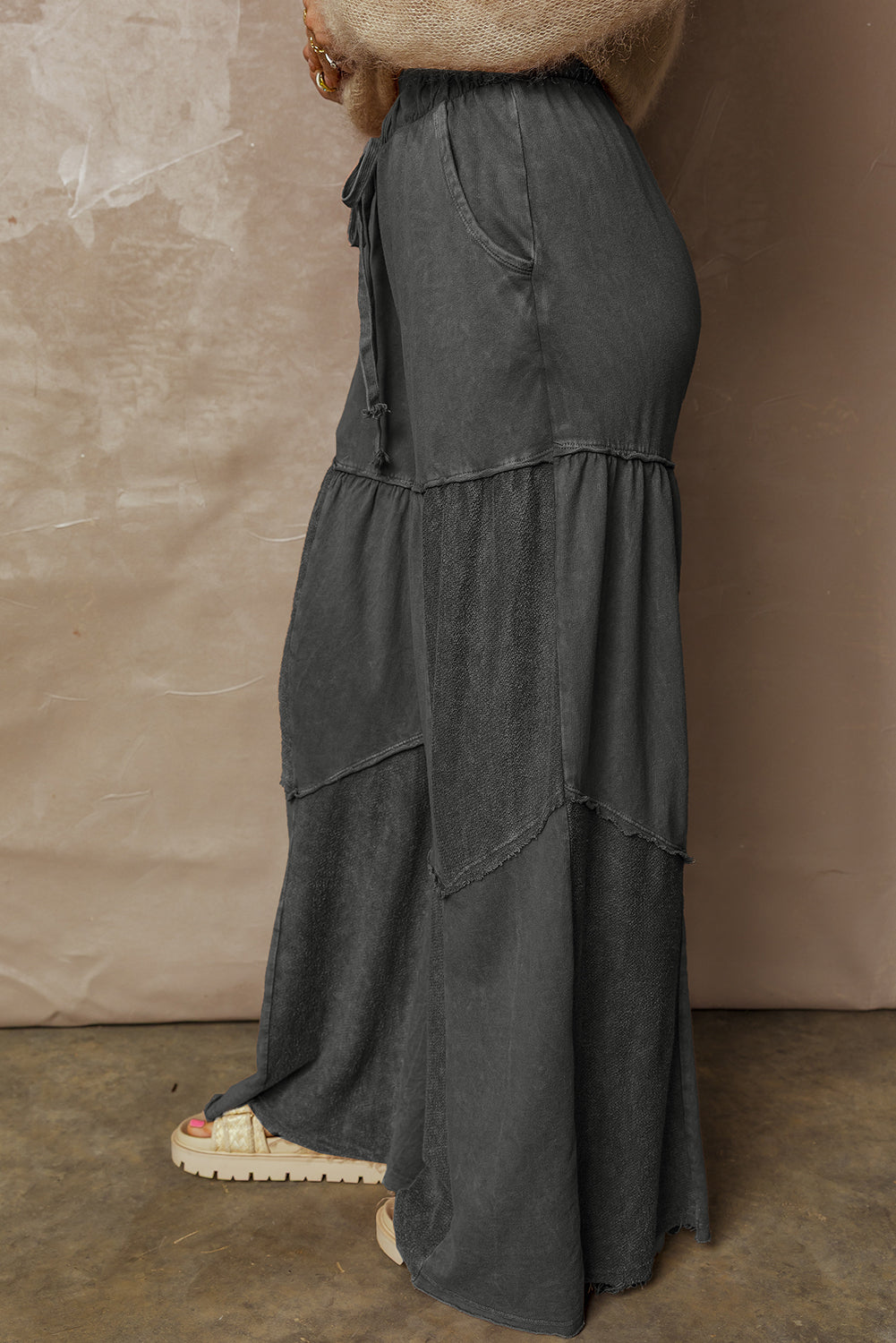 Black Mineral Wash Tiered Wide Leg Patchwork Drawstring Pants