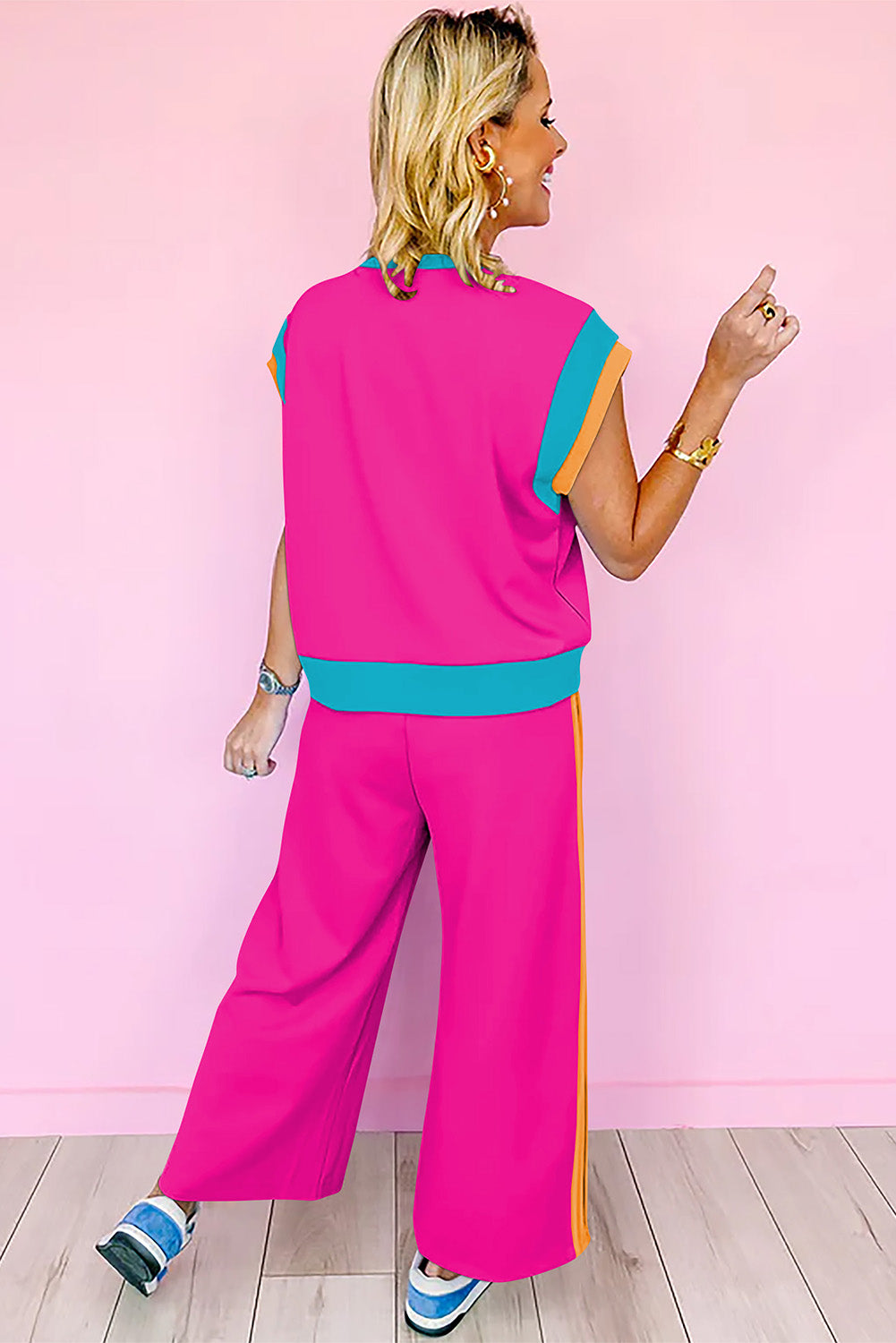 Sky Blue Color Block Detail Casual Two-piece Outfit