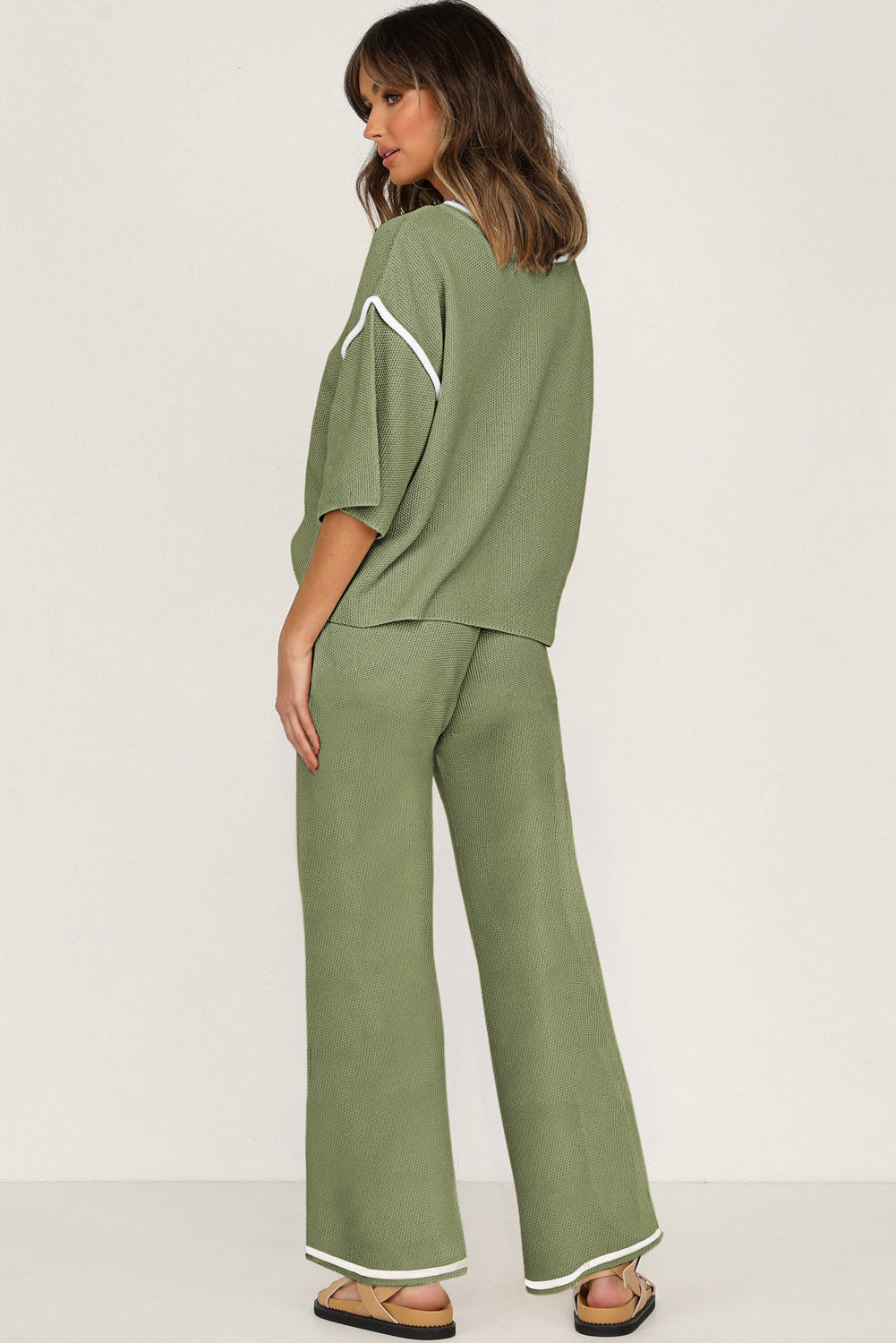 Canton Contrast Trim Half Sleeve Top Drawstring Pants Loose 2pcs Sweater Suit