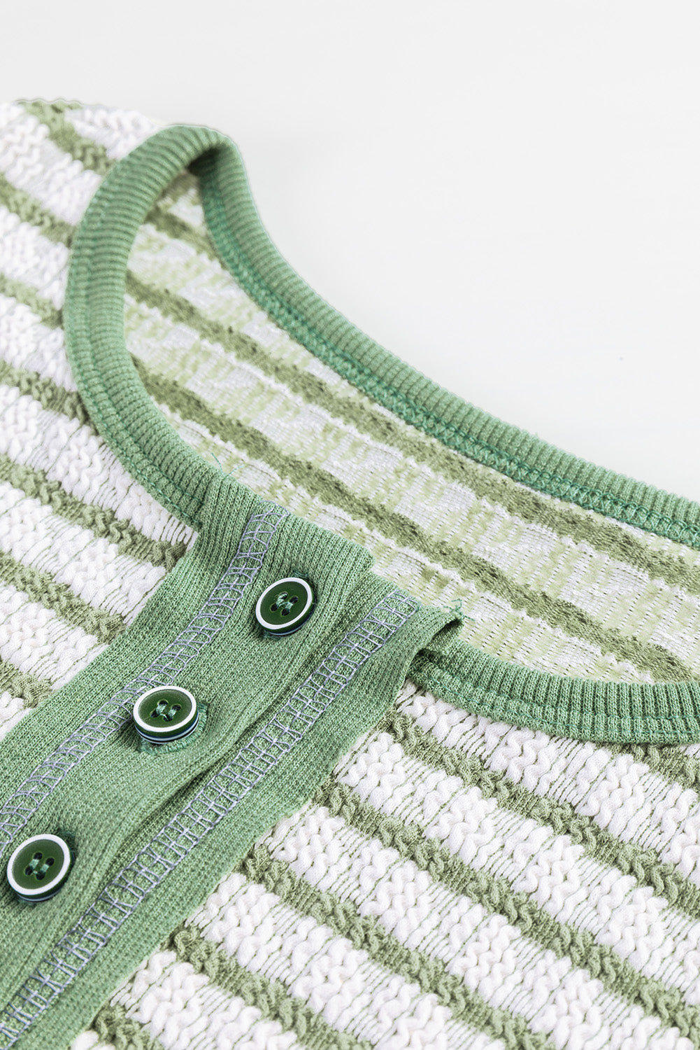 Sky Blue Stripe Textured Frilly Trim Buttons Henley Long Sleeve Top
