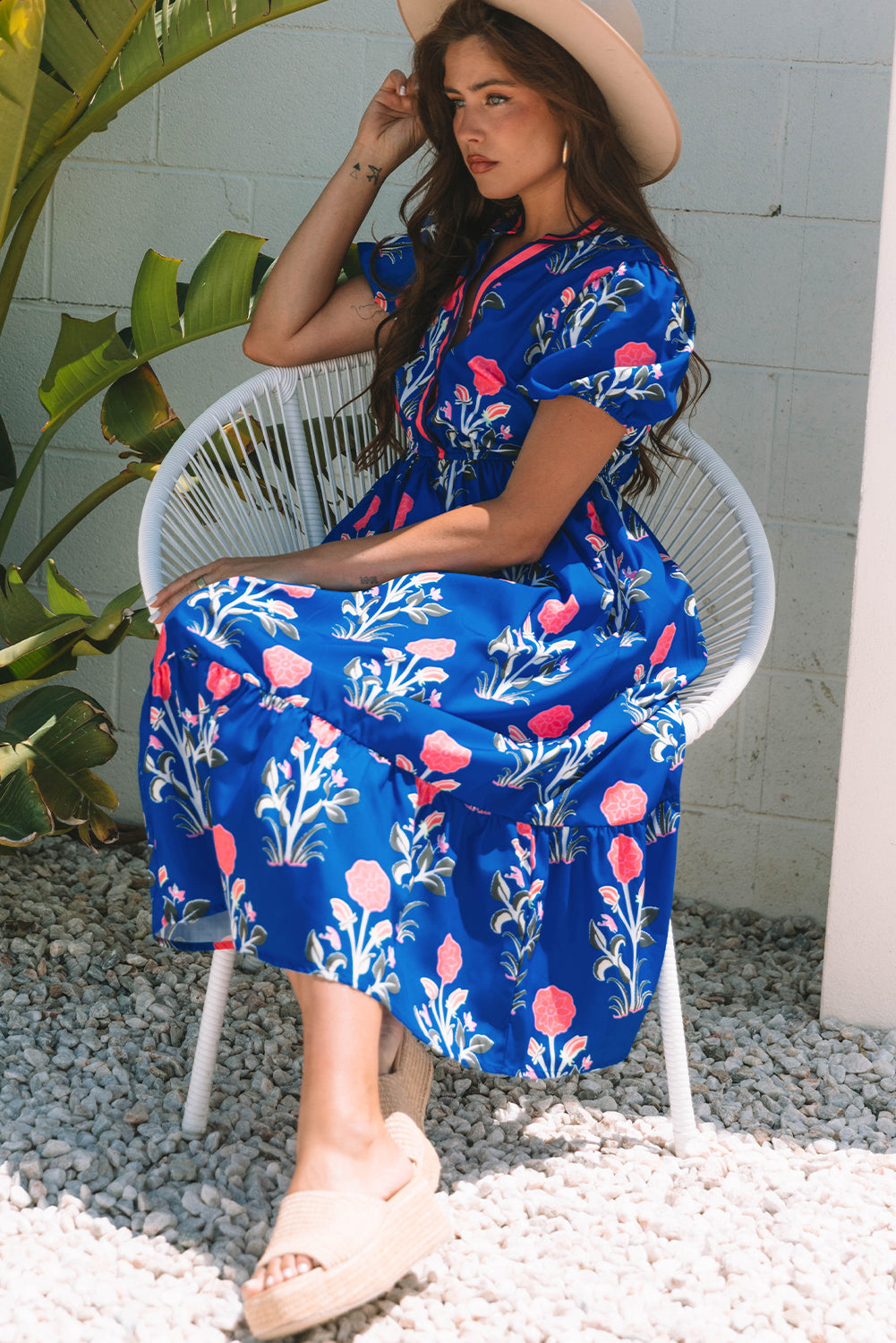 White Floral Puff Short Sleeve V Neck High Waist Maxi Dress