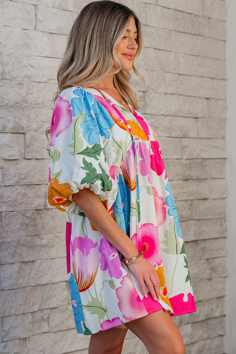 Dark Blue Floral Print Split Neck Babydoll Dress
