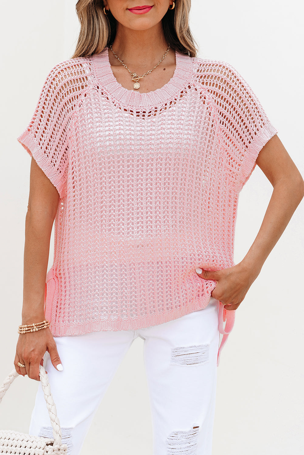 Yellow Cream Hollow-out Crochet Side Tied Short Sleeve Sweater