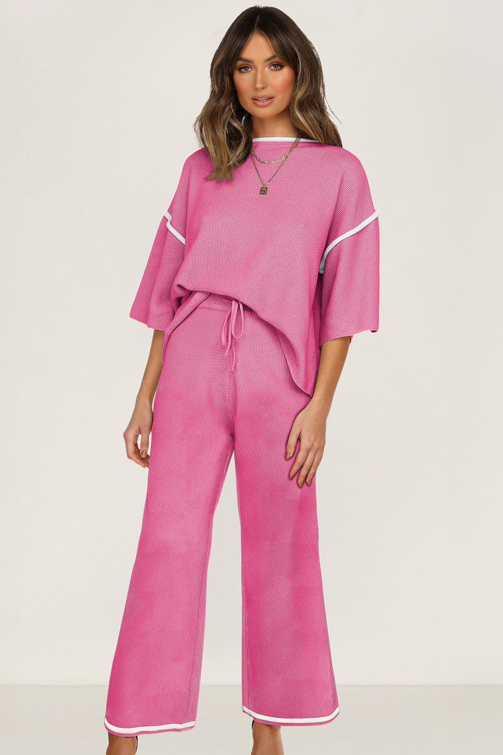 Canton Contrast Trim Half Sleeve Top Drawstring Pants Loose 2pcs Sweater Suit