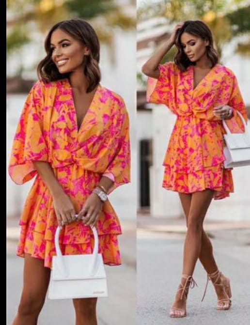 1643 - Patterned Batwing Layered Dress