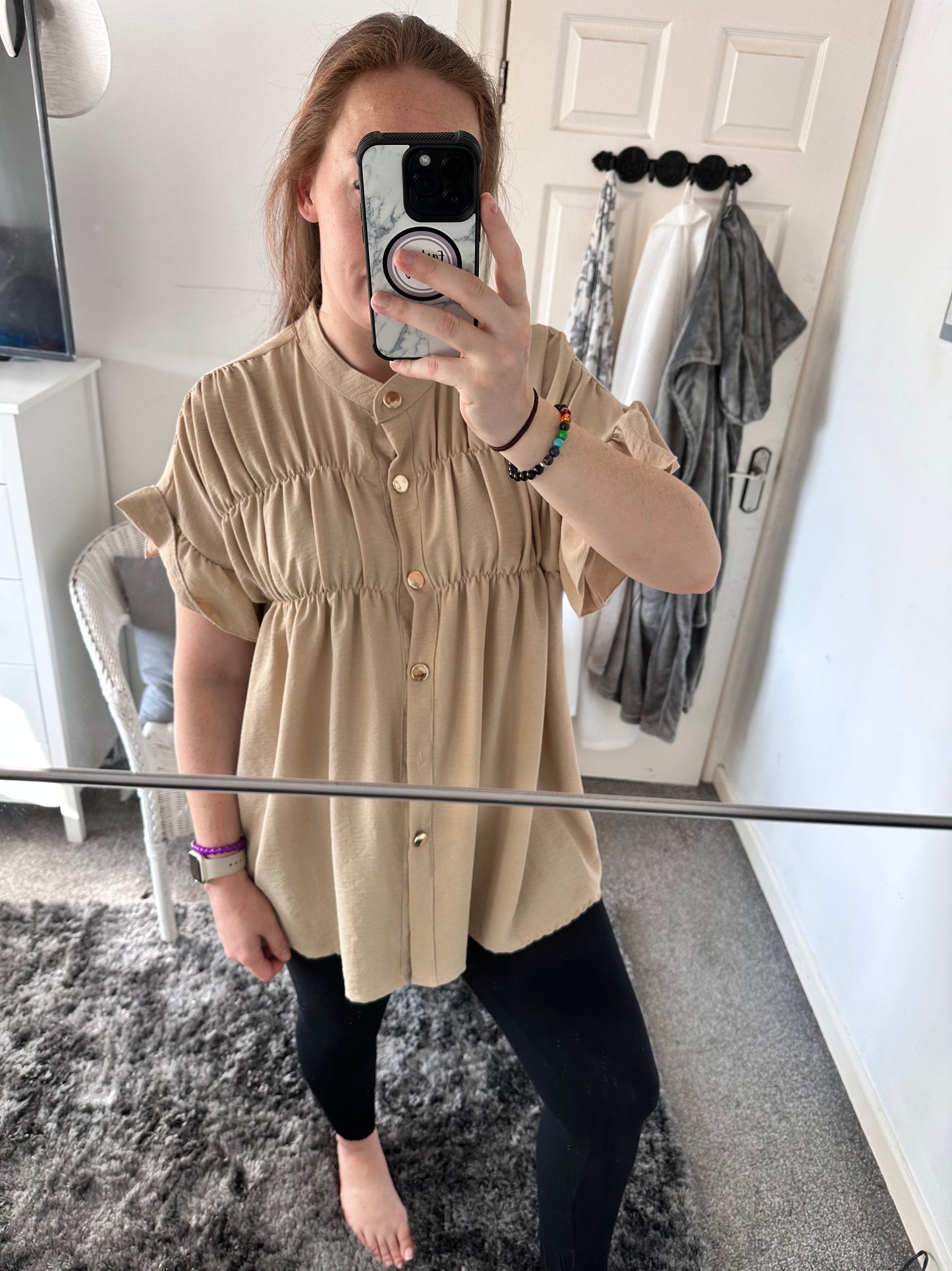 1370 - SHORT SLEEVE GOLD BUTTON RUFFLE TOP (5 COLOURS AVAILABLE)