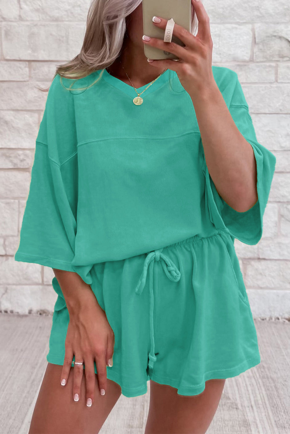 Bonbon Solid Loose V Neck Half Sleeve Tee and Shorts