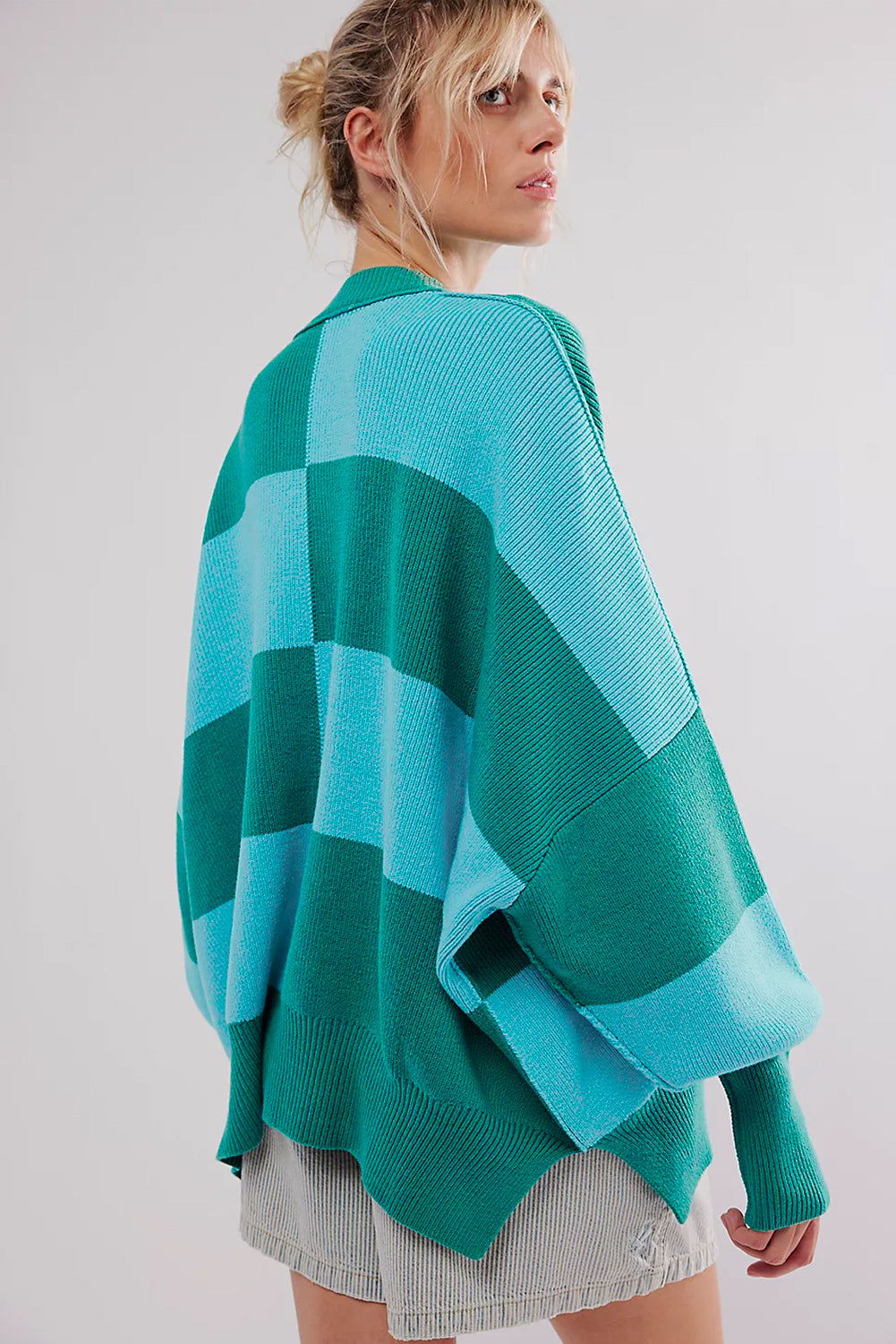 Khaki Checkered Side Slits Drop Shoulder Oversized Sweater