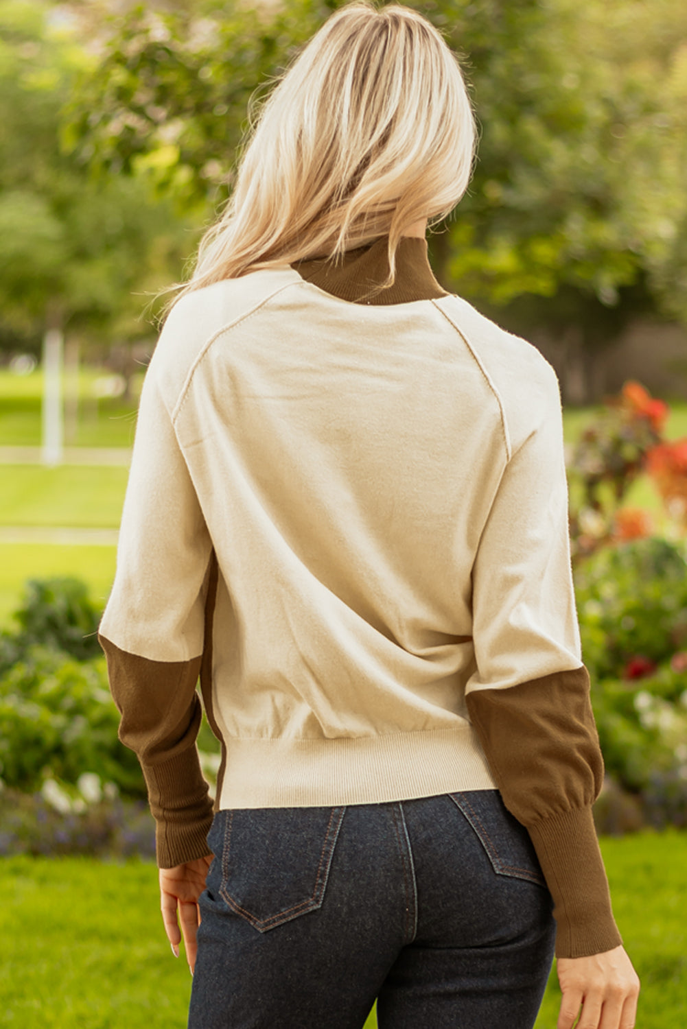Desert Palm Colorblock Raglan Puff Sleeve Mock Neck Sweater