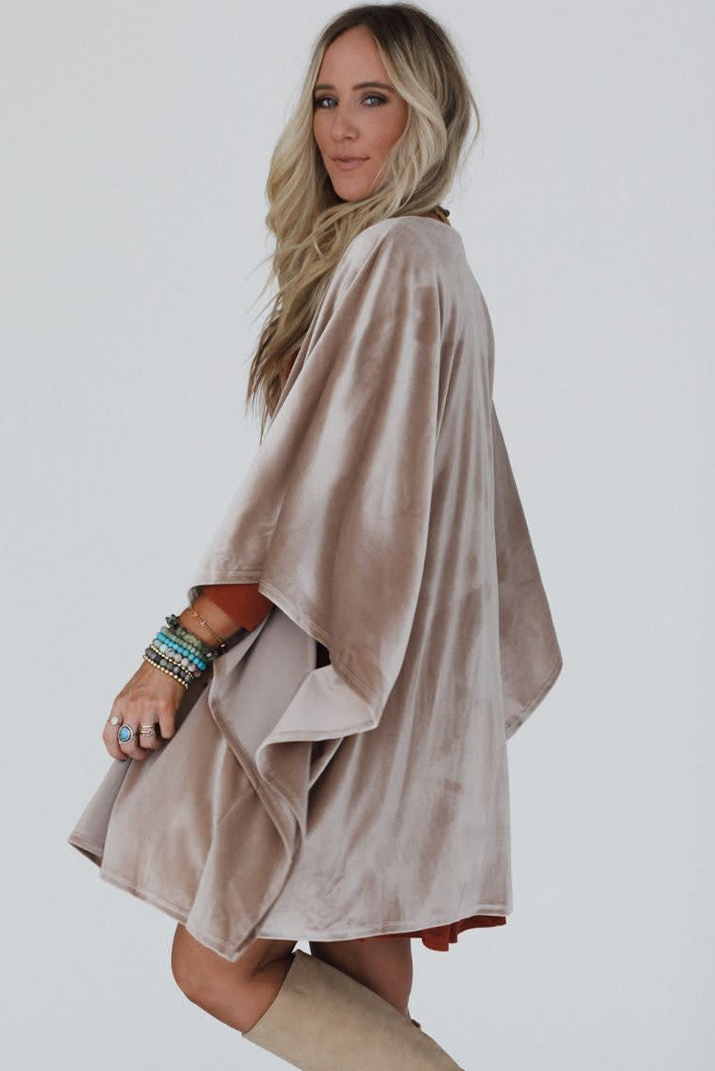 Smoke Gray 3/4 Sleeve Open Front Velvet Kimono