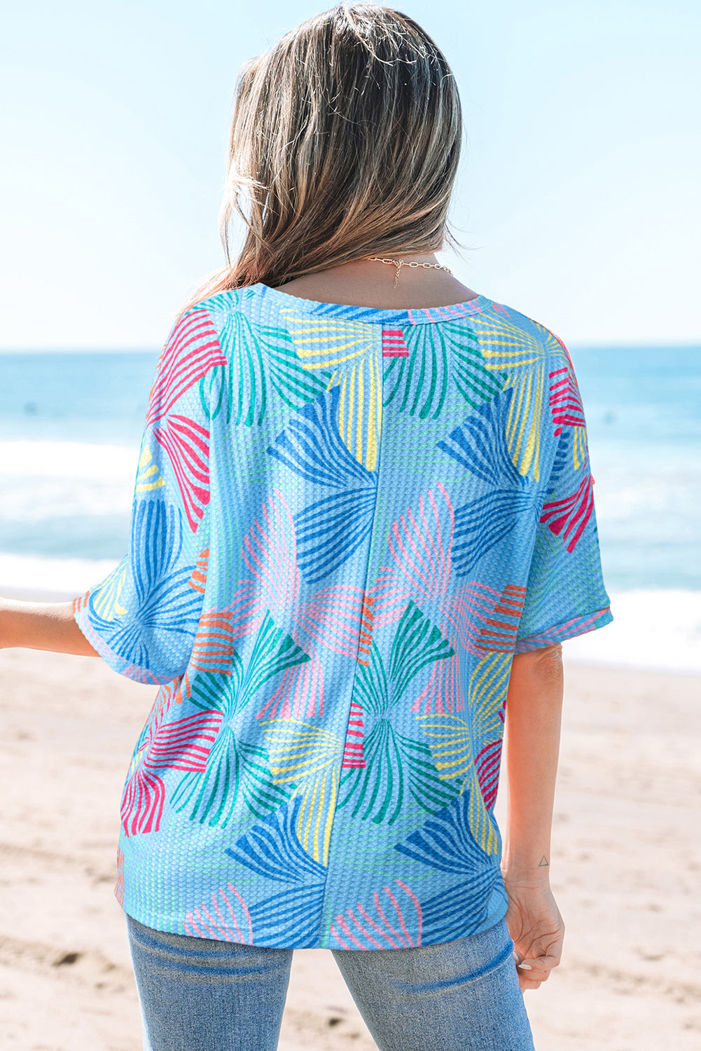 Pink Bowknot Printed Waffle Crewneck Loose Short Sleeve Top