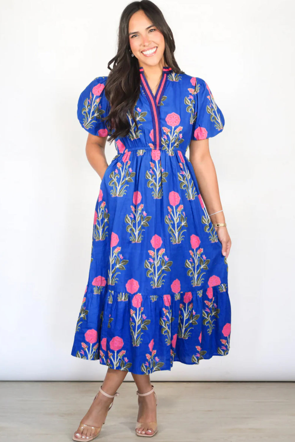 White Floral Puff Short Sleeve V Neck High Waist Maxi Dress