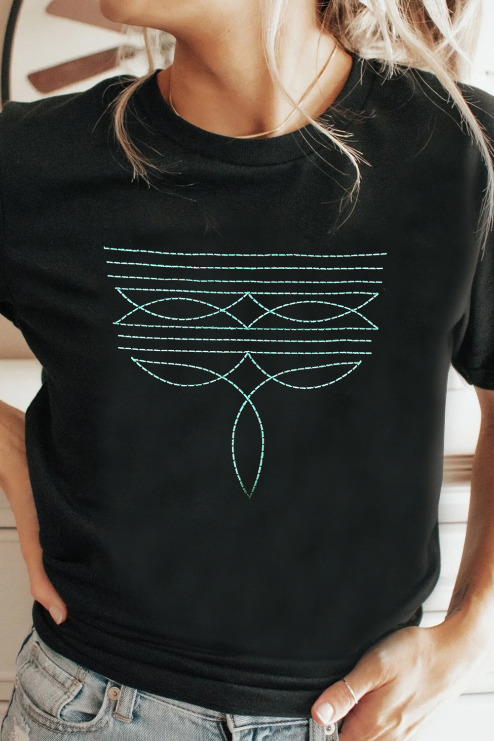 Black Western Fashion Boot Stitch T Shirt