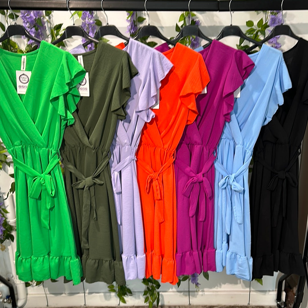 1259 - SHORT FRILL SLEEVE KNEE LENGTH BELTED DRESS