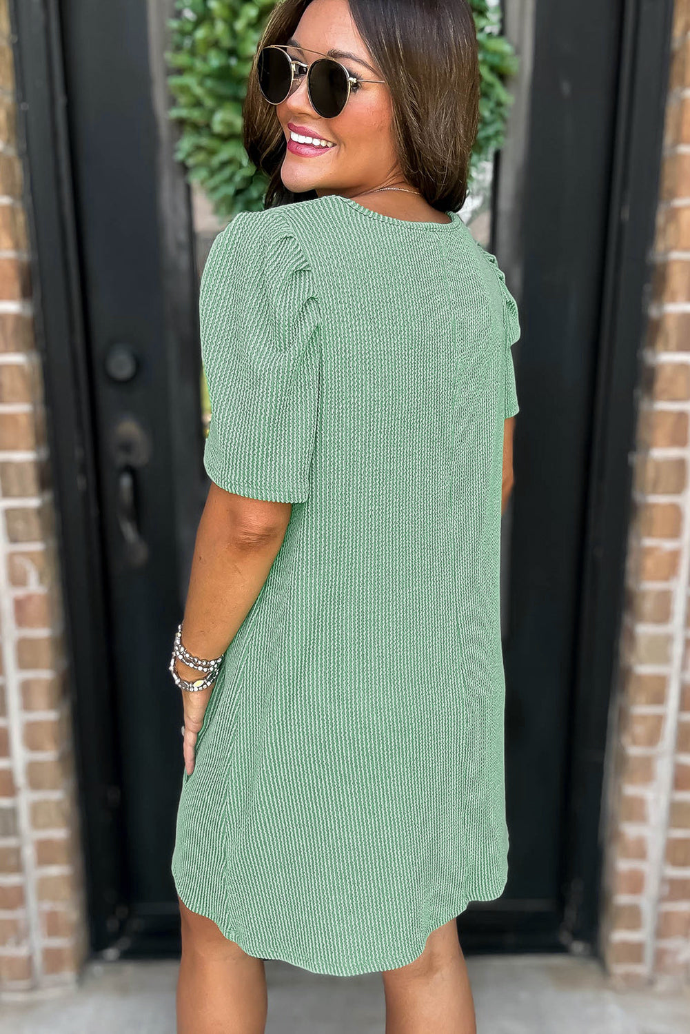 Bright Pink Corded Knit Crew Neck Puff Sleeve Shift Mini Dress