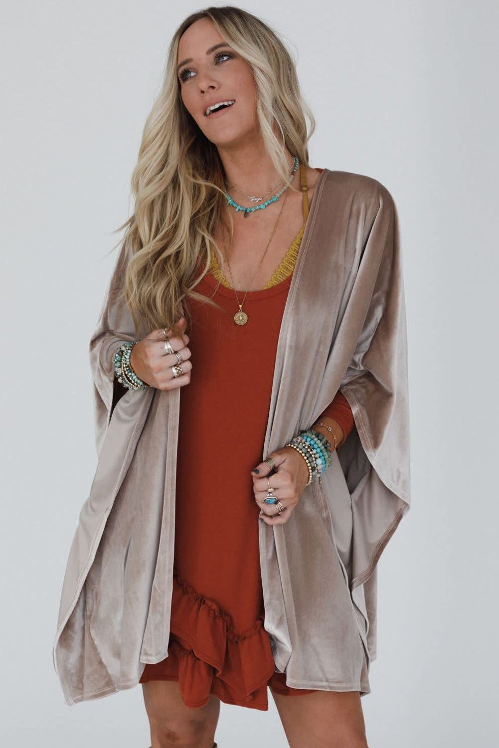 Smoke Gray 3/4 Sleeve Open Front Velvet Kimono