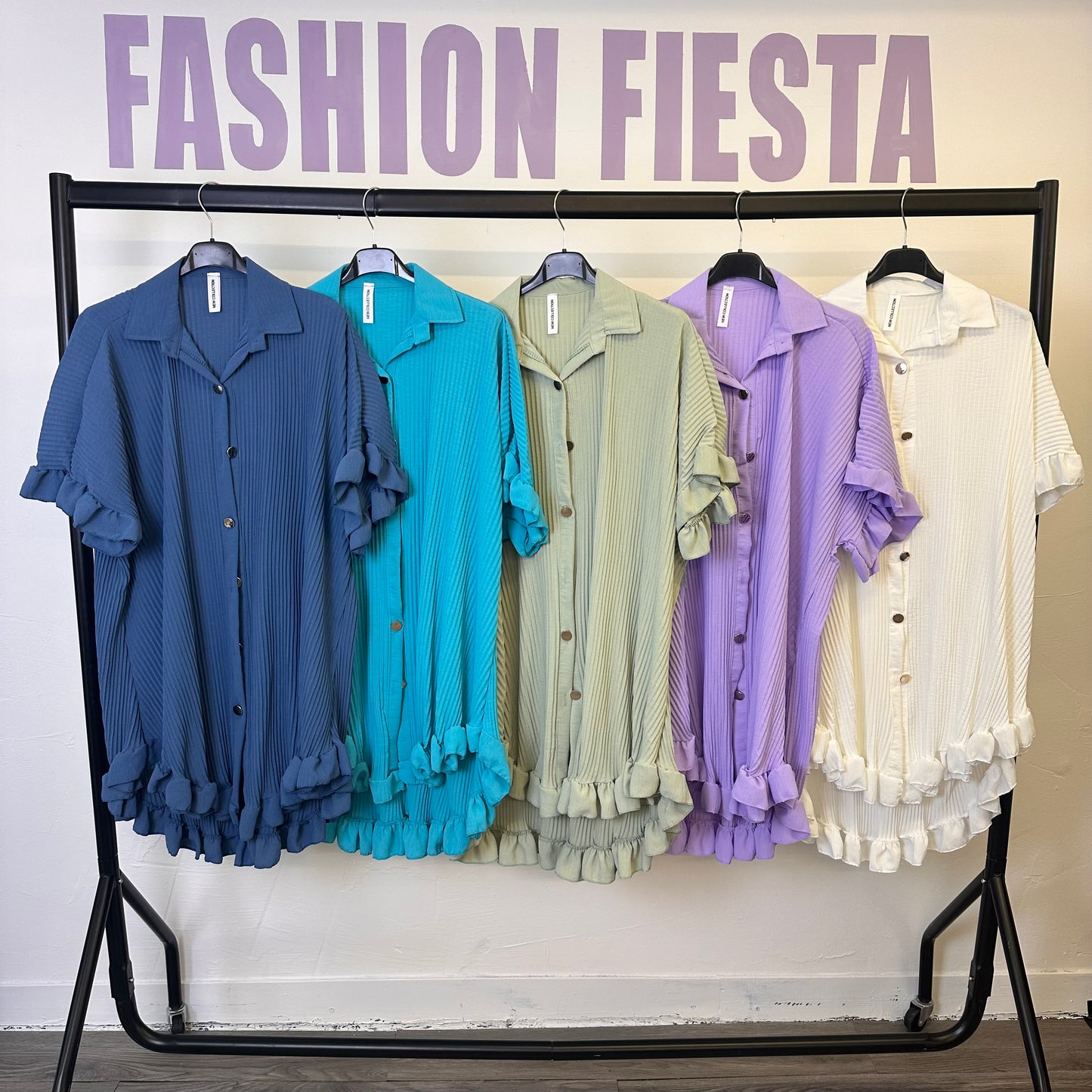 1025 - PLEATED FRILL EDGE GOLD BUTTON BLOUSE / DRESS (13 COLOURS)