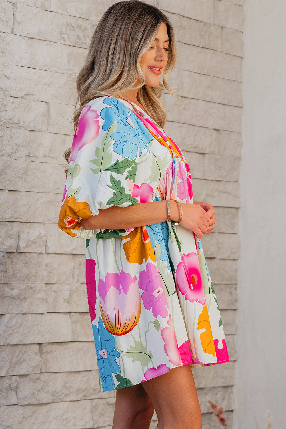 Dark Blue Floral Print Split Neck Babydoll Dress