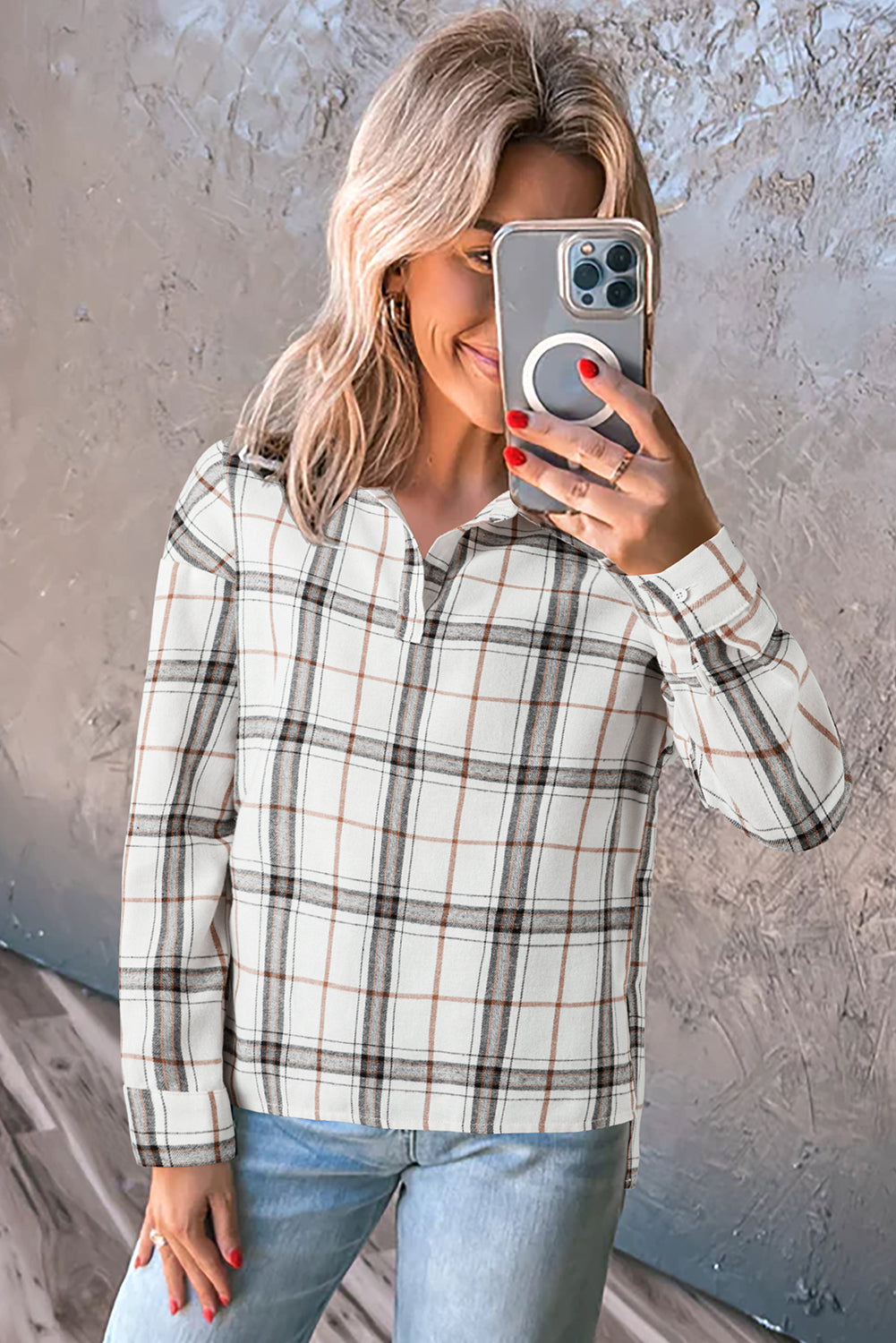 Red Plaid Print Collared V Neck Loose Blouse with Side Slits