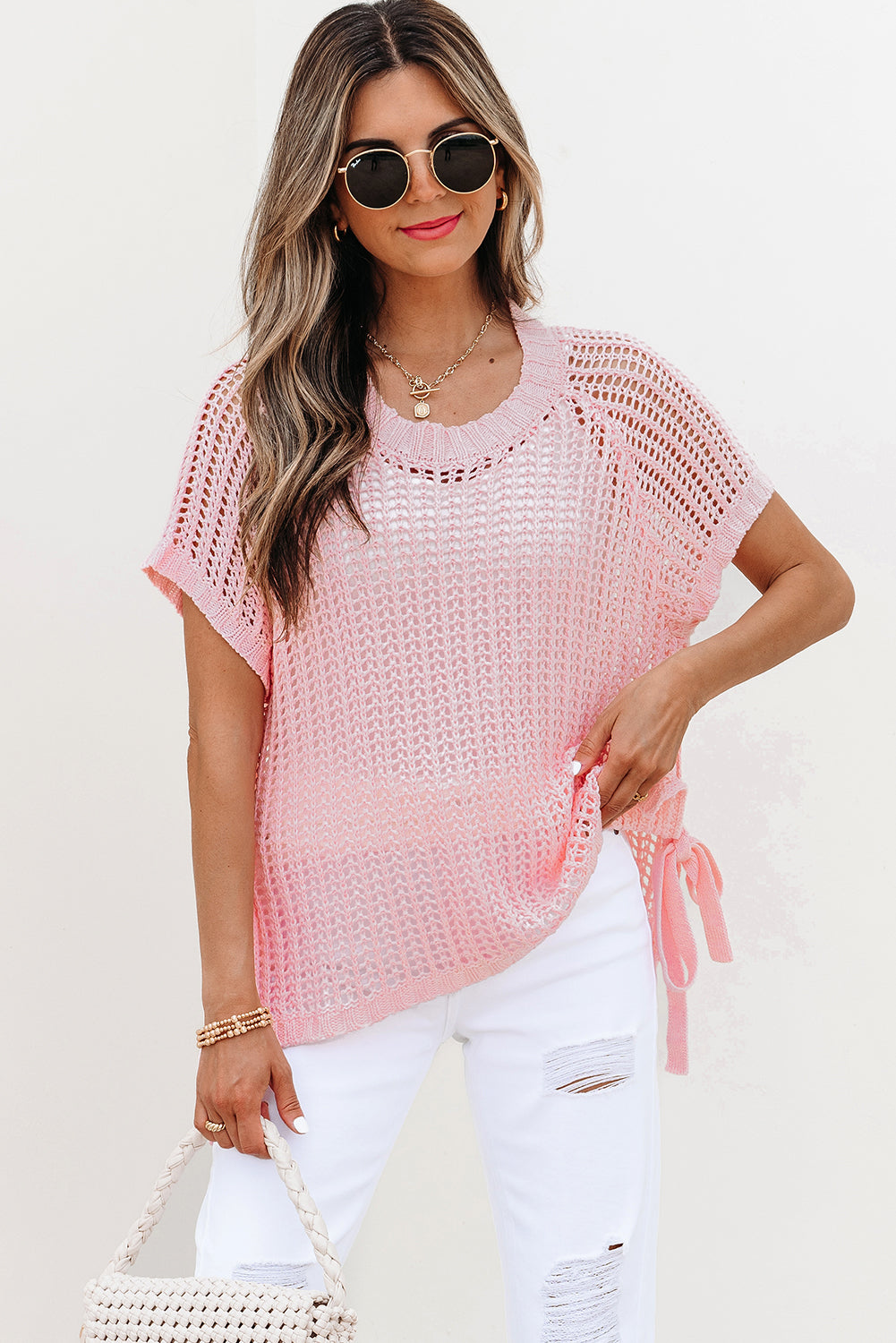 Yellow Cream Hollow-out Crochet Side Tied Short Sleeve Sweater