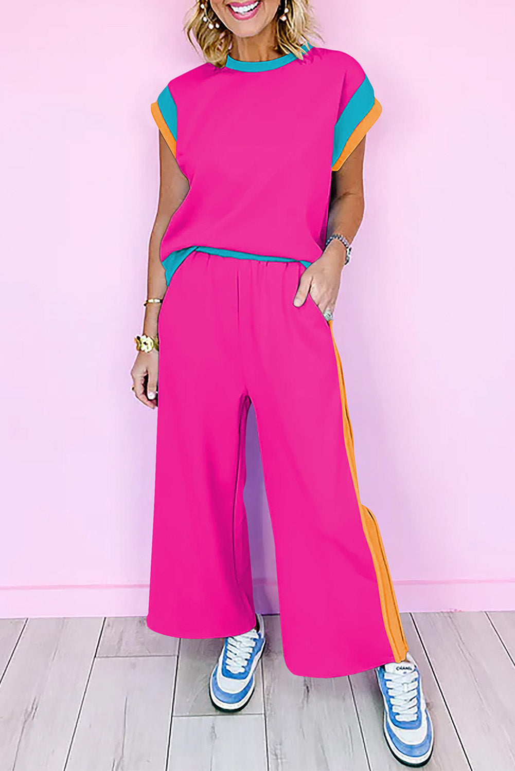 Sky Blue Color Block Detail Casual Two-piece Outfit
