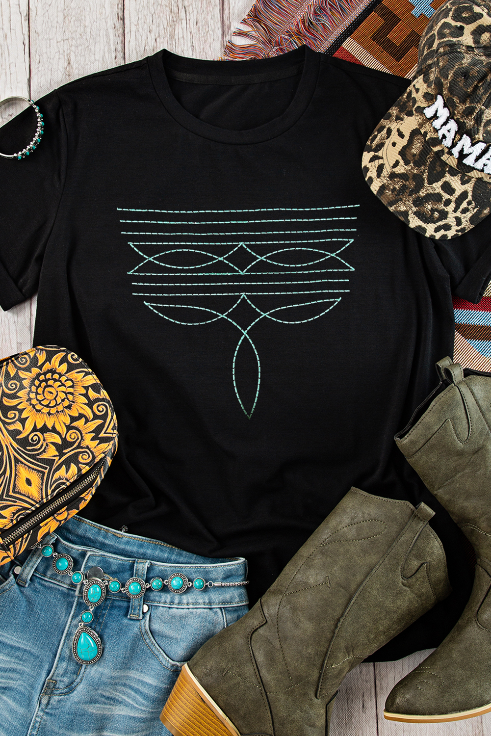 Black Western Fashion Boot Stitch T Shirt