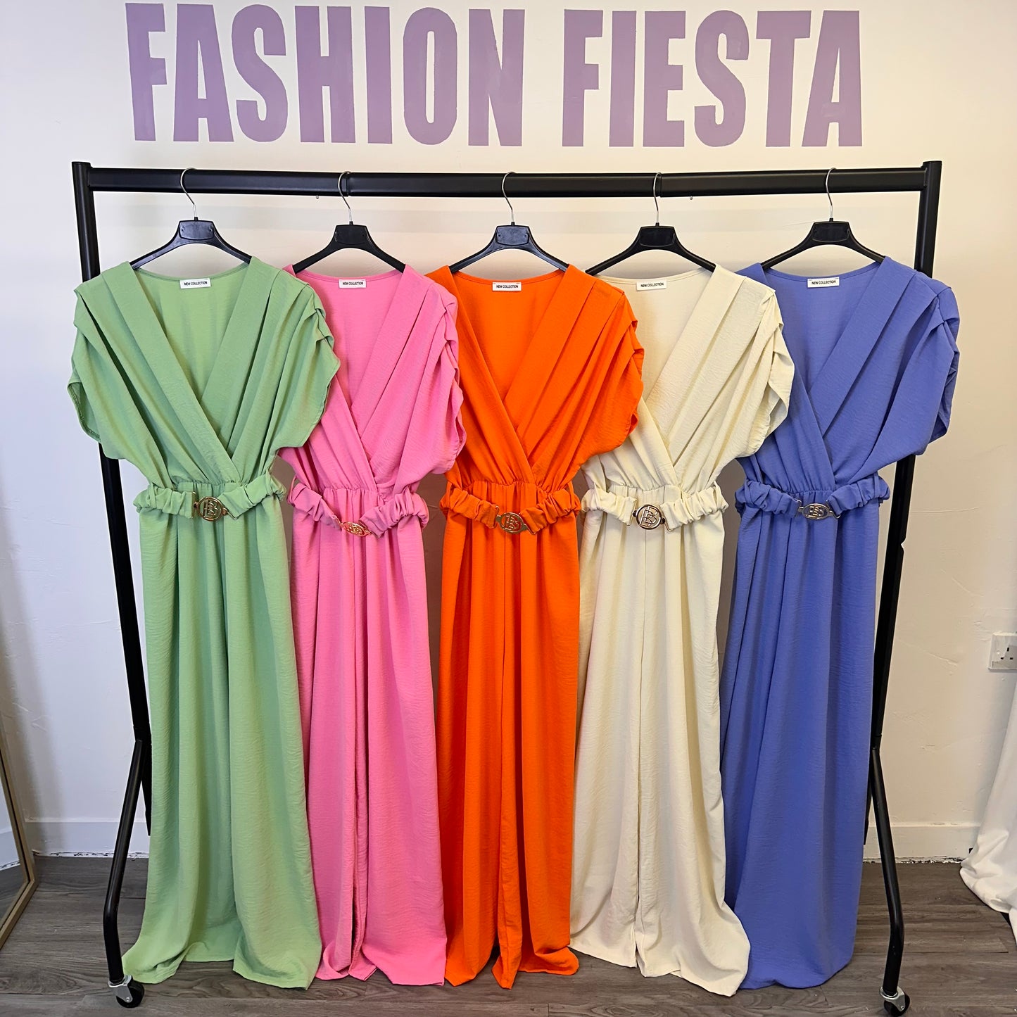 1744 - V Neck Gold Buckle Ruched Belted Wide Leg Jumpsuit