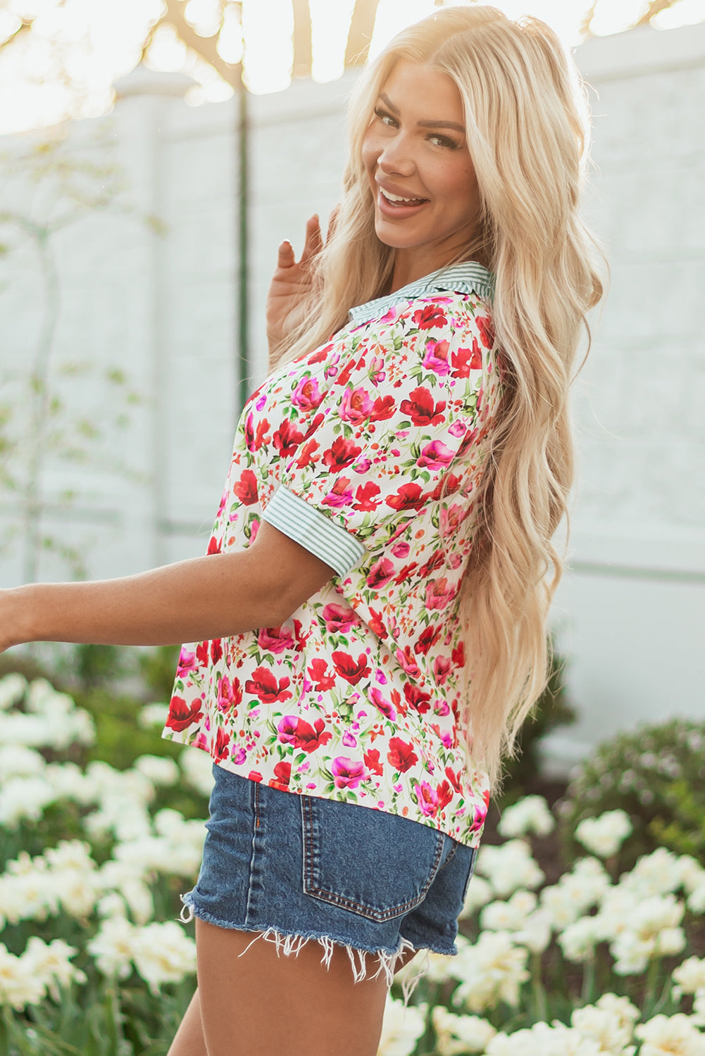 Sky Blue Floral Print Striped Patchwork Collared Short Sleeve Blouse