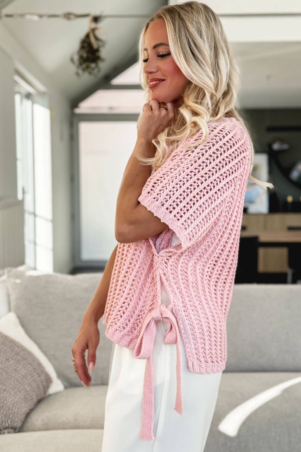Yellow Cream Hollow-out Crochet Side Tied Short Sleeve Sweater