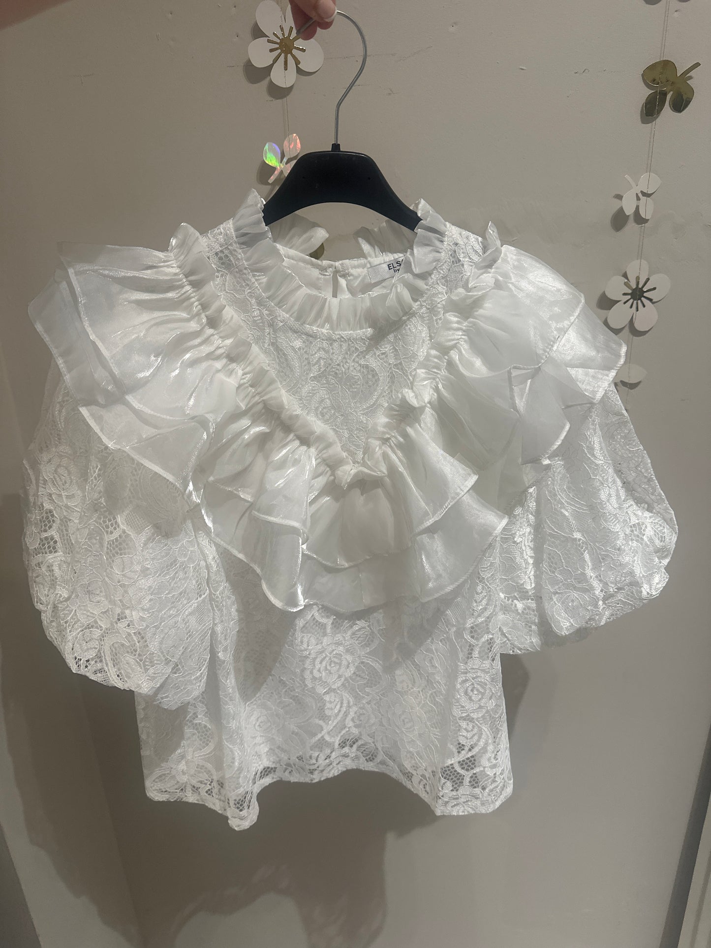 1970 - Ruffle Detail Lace Short Sleeve Blouse With Frill Neck
