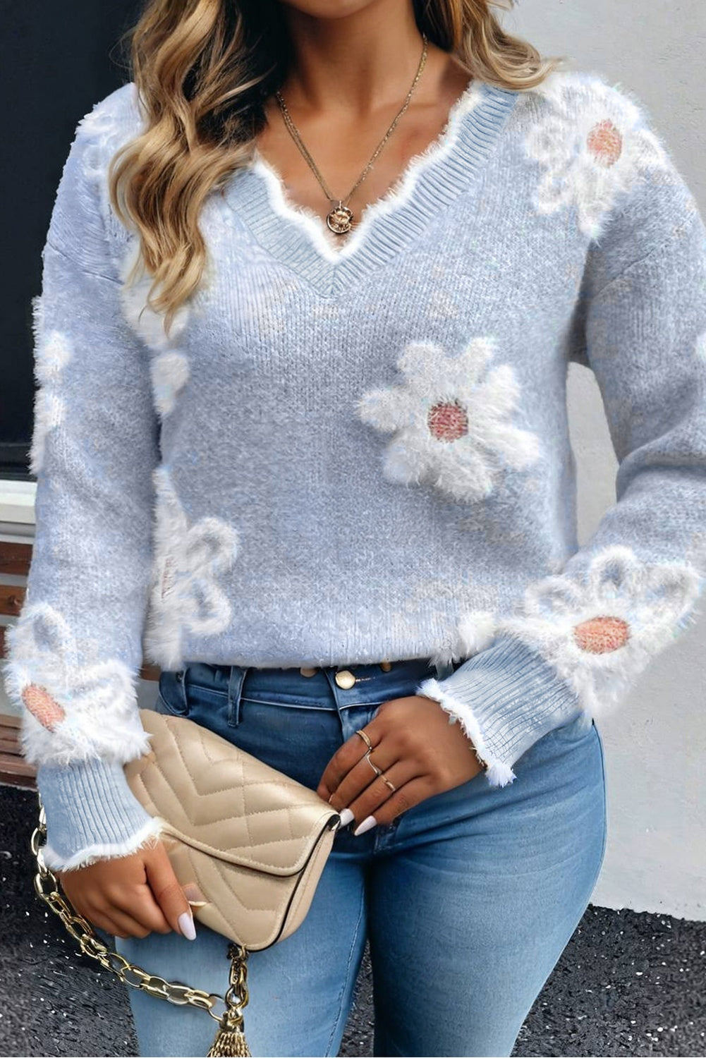 Gray Fuzzy Flower Scalloped V Neck Plus Sweater