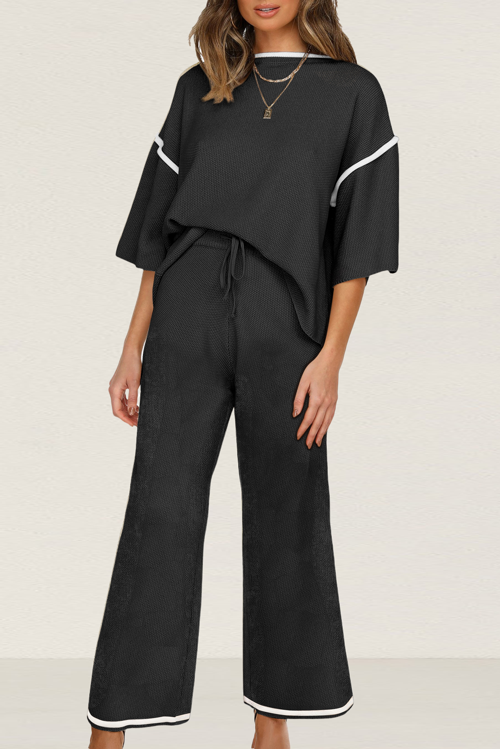 Canton Contrast Trim Half Sleeve Top Drawstring Pants Loose 2pcs Sweater Suit