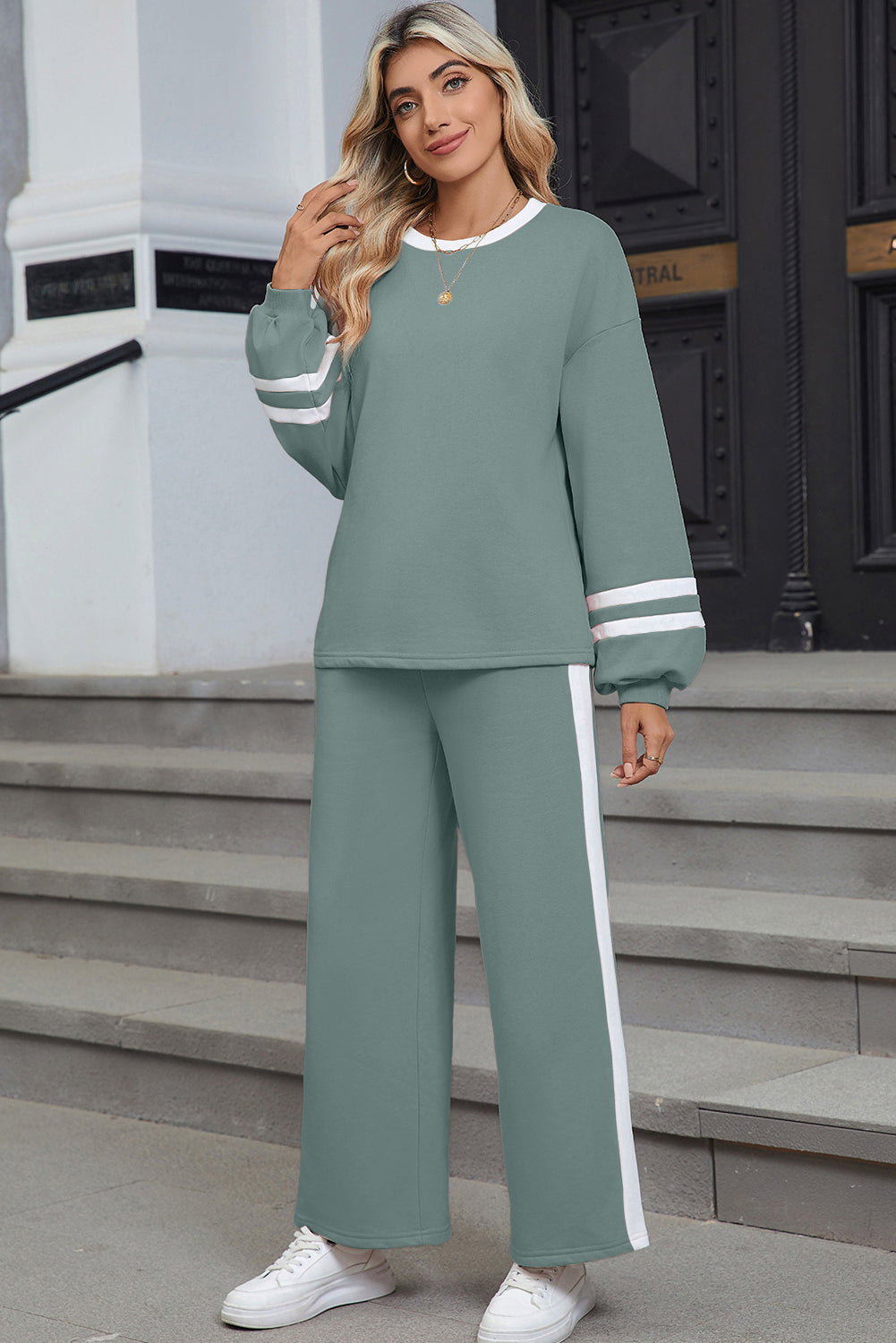 Blue Varsity Stripe Patchwork Puff Sleeve Pullover Drawstring Wide Leg Pant Set